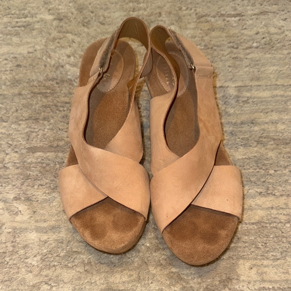 Clarks Beige Suede Cross-Strap Wedge Sandals